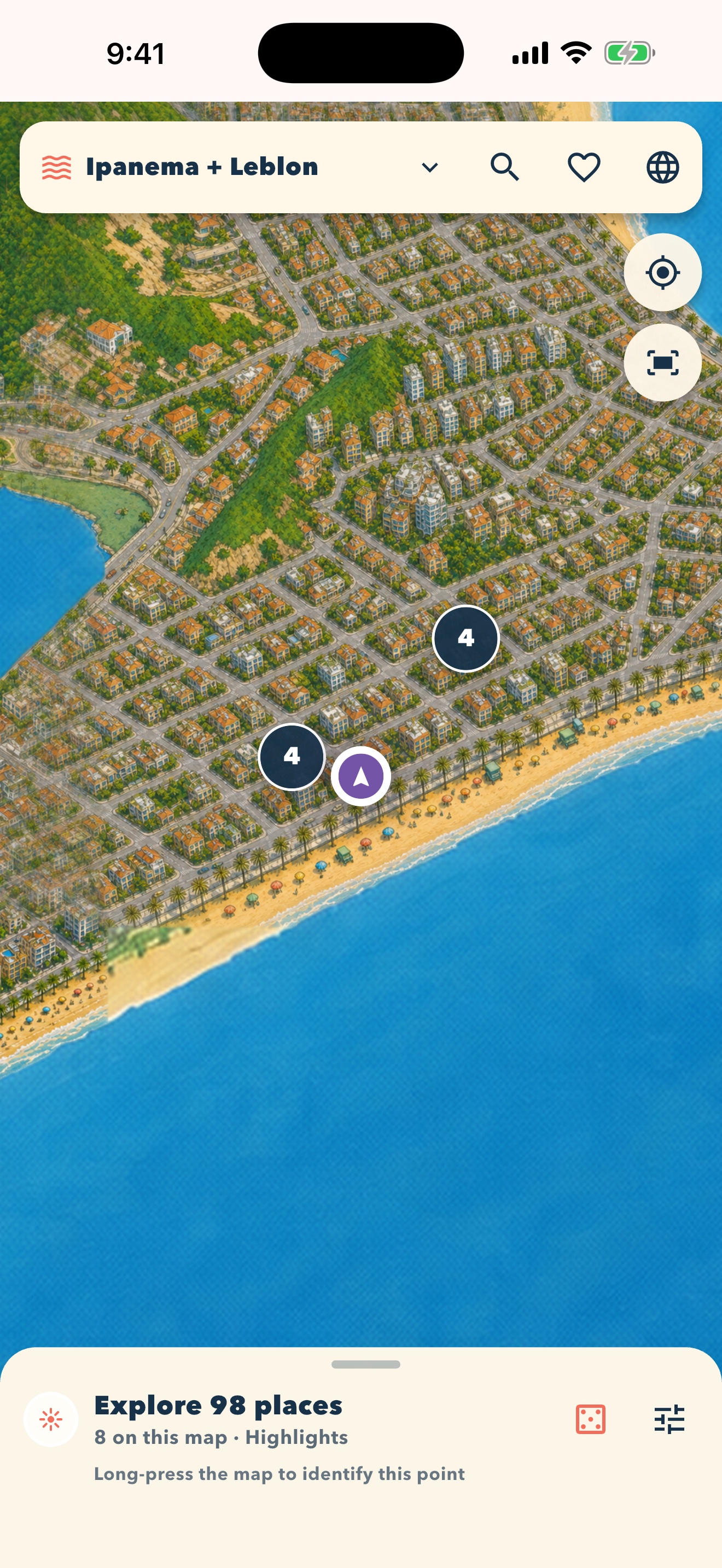 Mapoki app showing its illustrated map of Ipanema and Leblon
